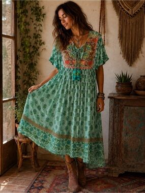 Miss June Paris Bohemian Green Floral Embroidered and Sequined Midi Dress